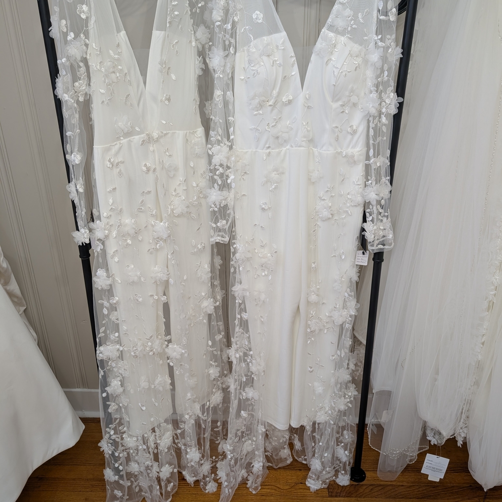 Long Sleeve White 3D Floral Jumpsuit With Attached Train Style Overskirt